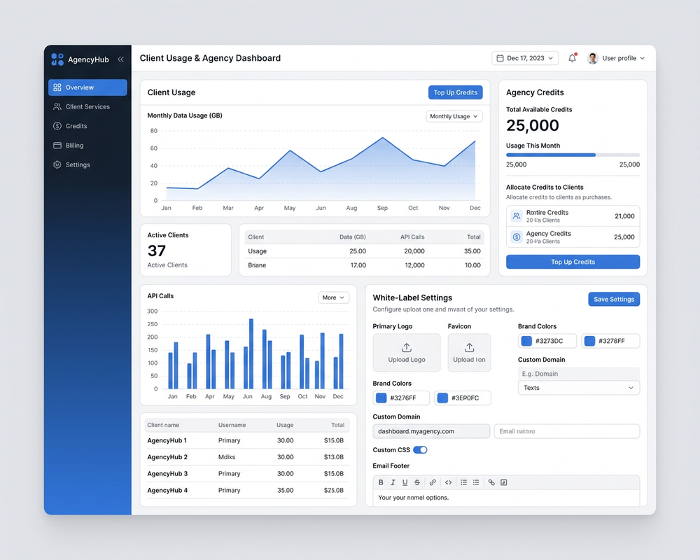 Mockup of an agency dashboard showing client usage, credits, and white-label settings.