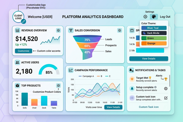 Illustration of a dashboard with customizable logos and colors.